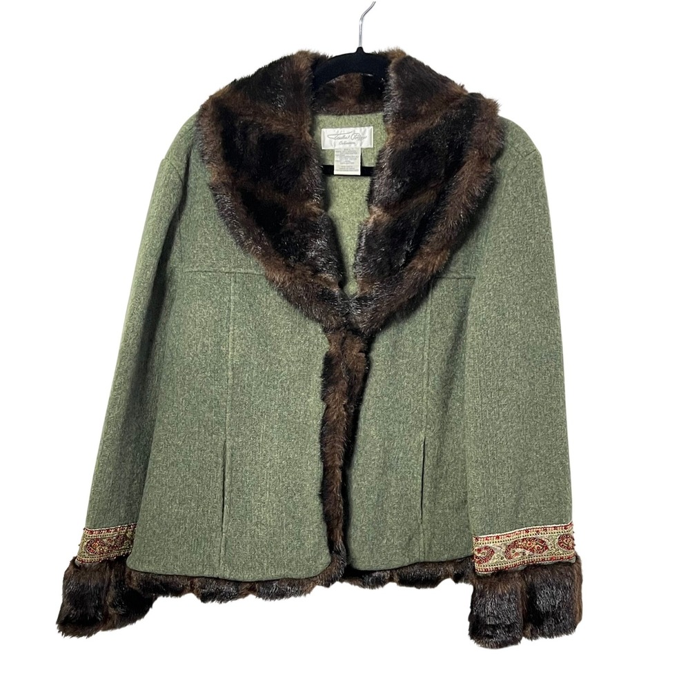 Tasha Polizzi Women Large Green Faux Fur Trim Embroidered Beaded Jacket